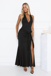 Sultry Halter Split Knit Maxi Dress Black