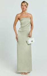 Laurie Maxi Dress - Strapless Draped Satin Dress In Light Olive