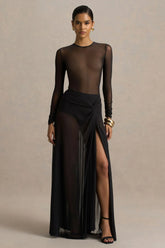 Koami | Black Mesh Long-Sleeve Ruched Maxi Dress With High Split
