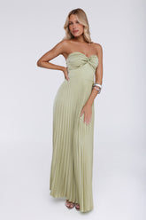 Sassy Sunshine Satin Pleated Strapless Maxi Dress Green