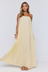 Moonlit Sea Pleated Strapless Maxi Dress Lemon