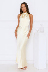Draped In Diamonds Satin Halter Maxi Dress Yellow