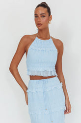 Helios Halterneck Shirred Sequin Top Blue