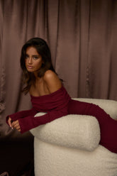 Aloura Off-Shoulder Ribbed Knit Maxi Dress Wine